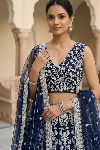 Navy Blue Color Net Girlie Partywear Lehenga Choli For Girls