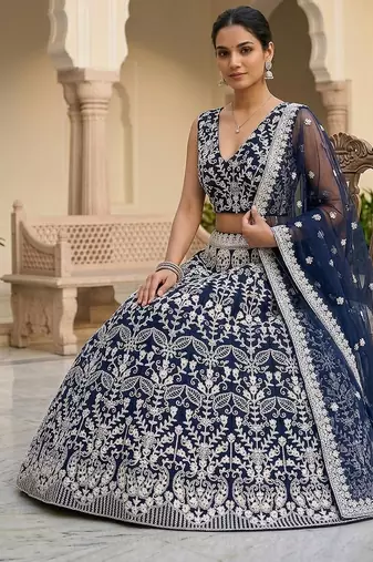 Navy Blue Color Net Girlie Partywear Lehenga Choli For Girls