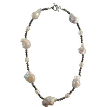 Women'S Freashwater Pearl And Pyrite Beads 18" Necklace 1