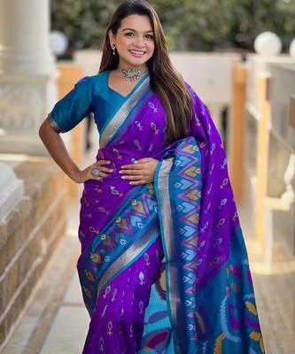 purple art silk ikkat and patola weaving concept saree & contrast blouse 3