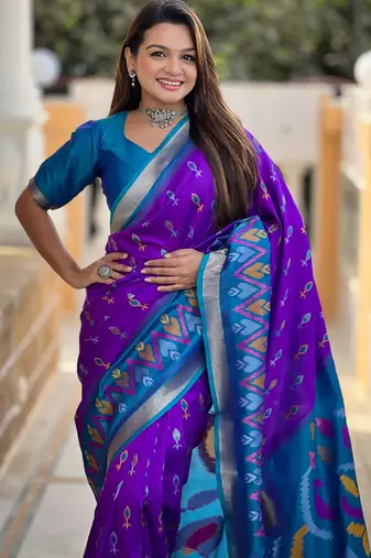 purple art silk ikkat and patola weaving concept saree & contrast blouse