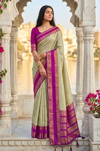 Chiku color silk blend ethnic fabric woven designer saree