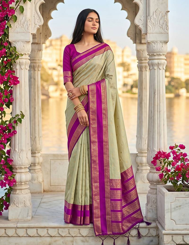 Chiku color silk blend ethnic fabric woven designer saree