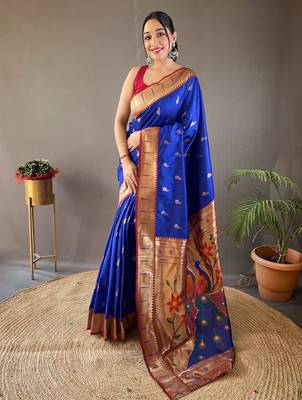 royal blue color silk blend saree with rich contrast weaving pallu & border and beautiful buttis 2