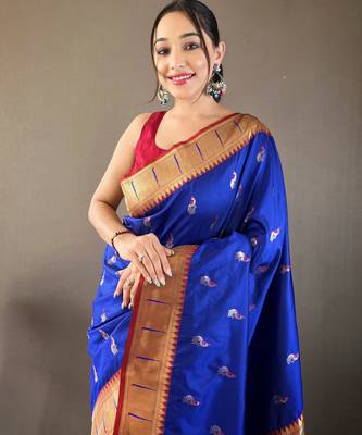 royal blue color silk blend saree with rich contrast weaving pallu & border and beautiful buttis 3