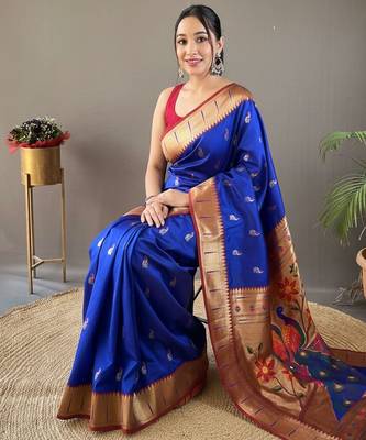 royal blue color silk blend saree with rich contrast weaving pallu & border and beautiful buttis 4