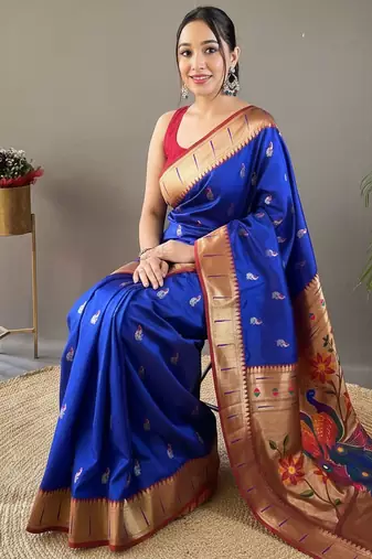 royal blue color silk blend saree with rich contrast weaving pallu & border and beautiful buttis
