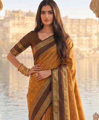 Mustard color silk blend ethnic fabric woven designer saree 3