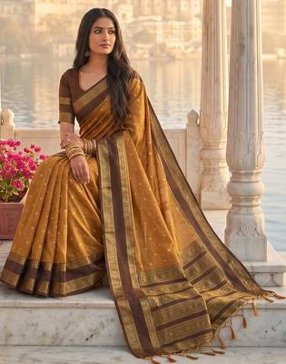 Mustard color silk blend ethnic fabric woven designer saree 4