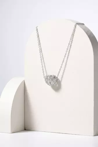 925 Sterling Silver Heart Bead  Pendant Necklace Set ,CZ Heart Pendant Set 