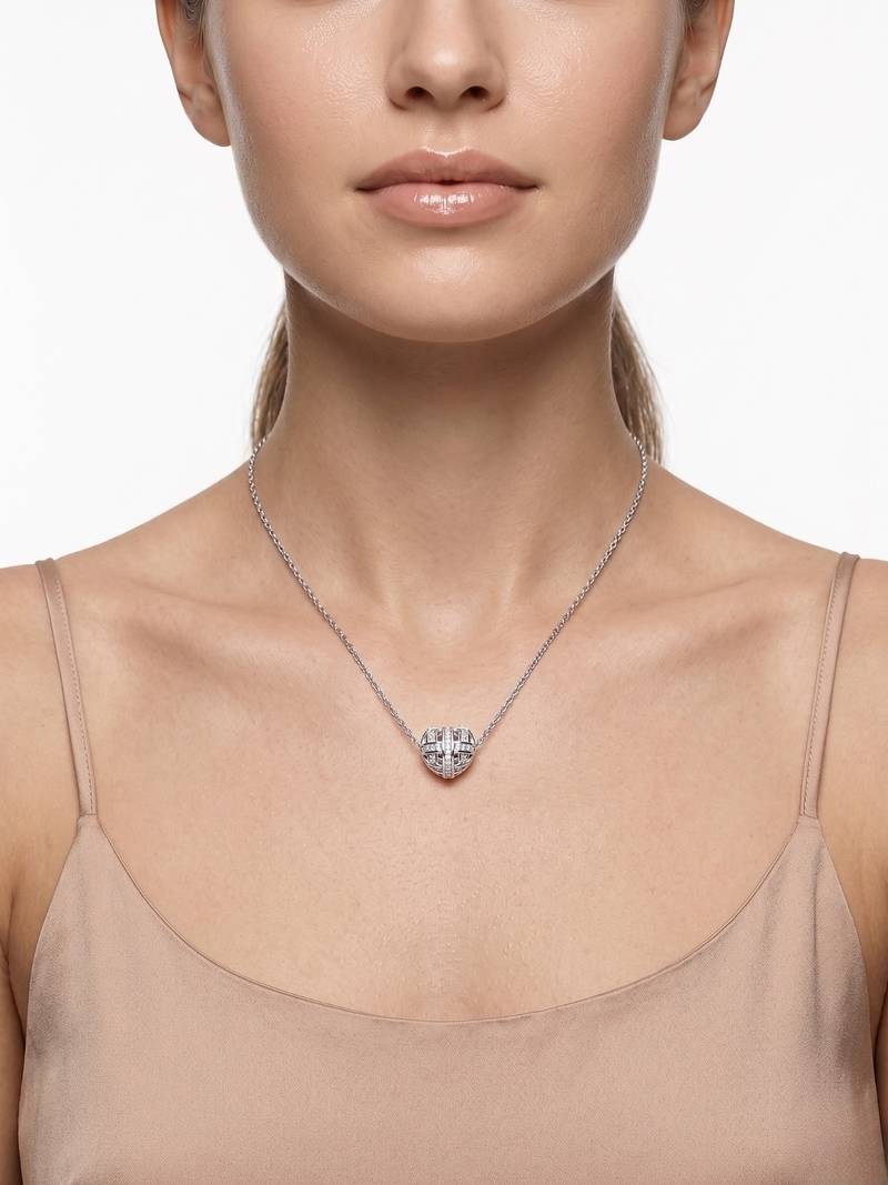 925 Sterling Silver Heart Bead  Pendant Necklace Set ,CZ Heart Pendant Set 