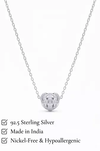 925 Sterling Silver Heart Bead  Pendant Necklace Set ,CZ Heart Pendant Set 