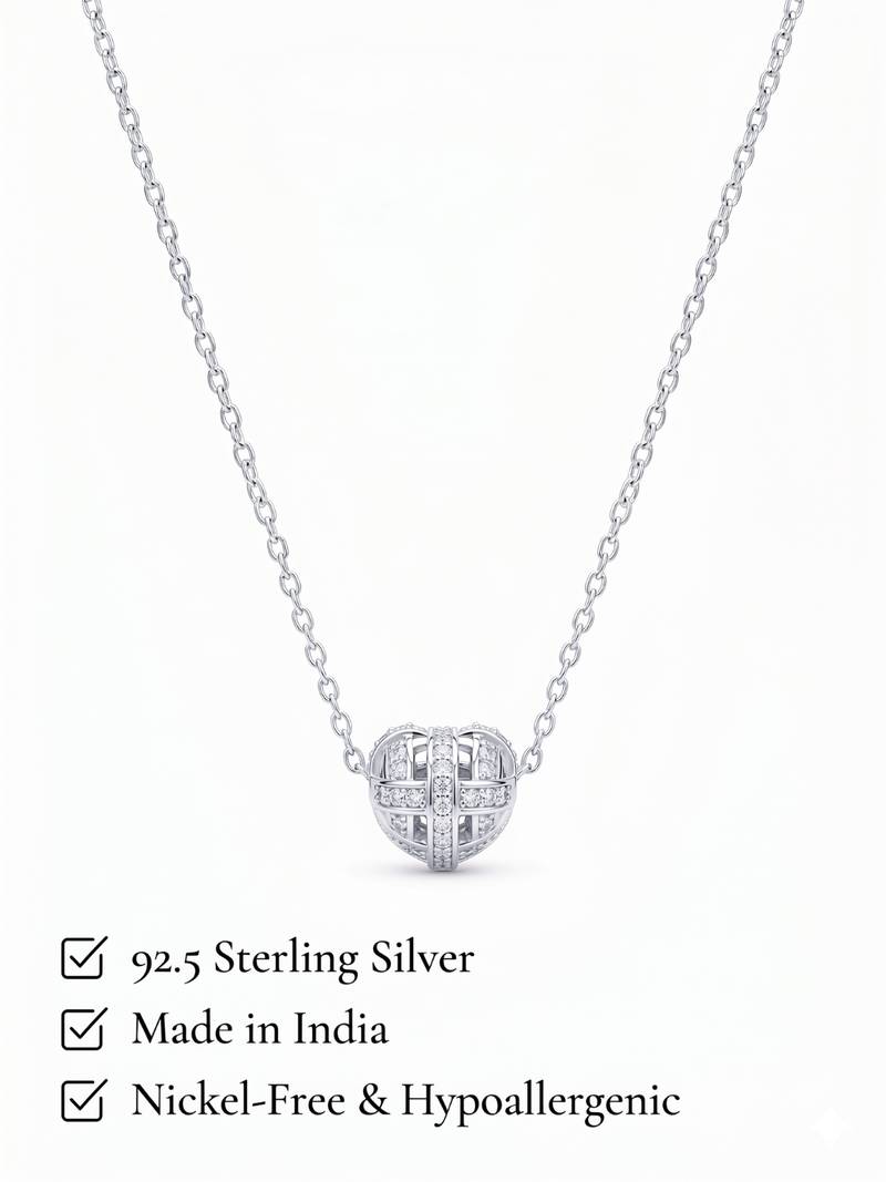 925 Sterling Silver Heart Bead  Pendant Necklace Set ,CZ Heart Pendant Set 