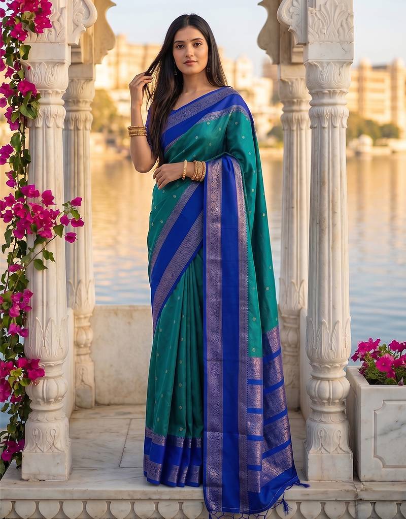 Green color silk blend ethnic fabric woven designer saree