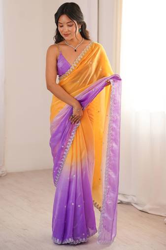 Orange color beautiful fendy satin fabric ethnic ceremonial saree