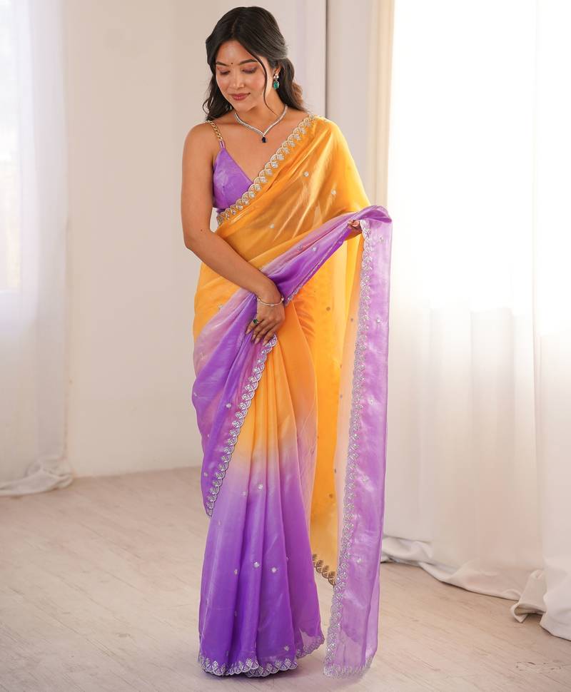 Orange color beautiful fendy satin fabric ethnic ceremonial saree