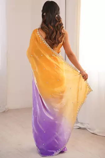 Orange color beautiful fendy satin fabric ethnic ceremonial saree