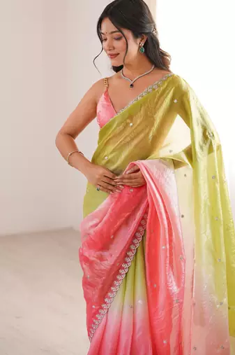 Green color beautiful fendy satin fabric ethnic ceremonial saree