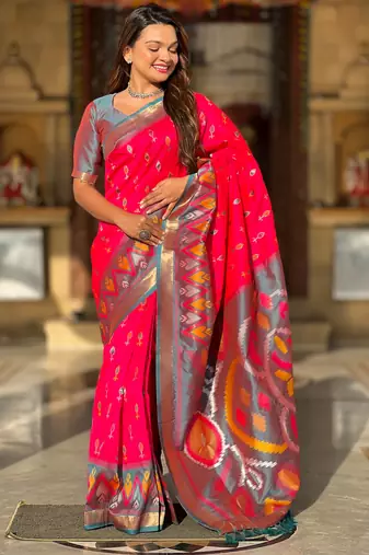 Pink silk blend ikkat and patola weaving concept saree & contrast blouse