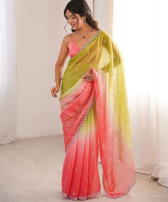 Green color beautiful fendy satin fabric ethnic ceremonial saree 4