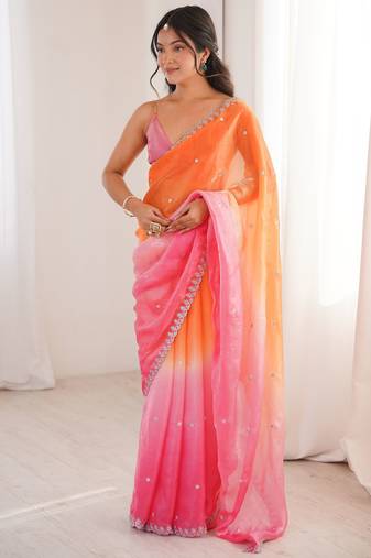 Orange color beautiful fendy satin fabric ethnic ceremonial saree
