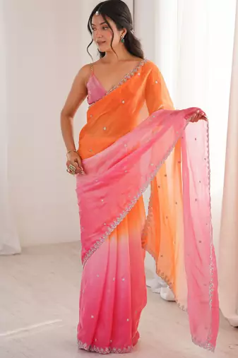 Orange color beautiful fendy satin fabric ethnic ceremonial saree