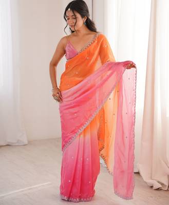 Orange color beautiful fendy satin fabric ethnic ceremonial saree 4