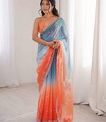 Blue color beautiful fendy satin fabric ethnic ceremonial saree