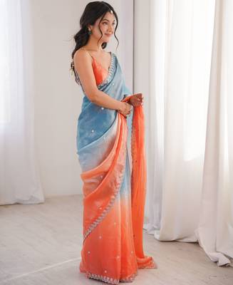 Blue color beautiful fendy satin fabric ethnic ceremonial saree 4
