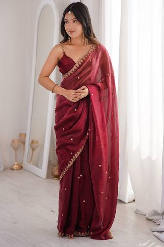 Maroon color beautiful fendy satin fabric ethnic ceremonial saree