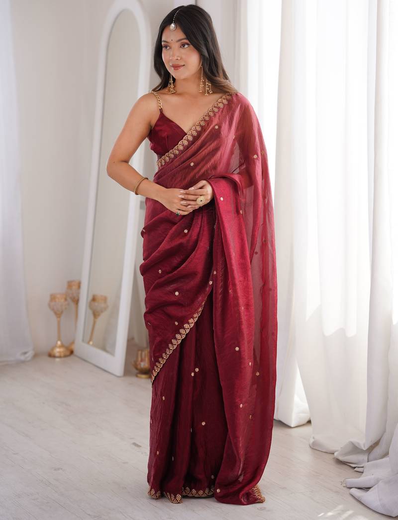 Maroon color beautiful fendy satin fabric ethnic ceremonial saree