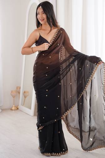 Black color beautiful fendy satin fabric ethnic ceremonial saree