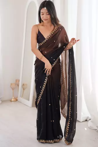 Black color beautiful fendy satin fabric ethnic ceremonial saree