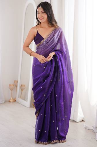 Voilet color beautiful fendy satin fabric ethnic ceremonial saree