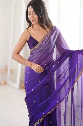 Voilet color beautiful fendy satin fabric ethnic ceremonial saree