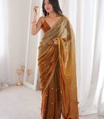 Brown color beautiful fendy satin fabric ethnic ceremonial saree