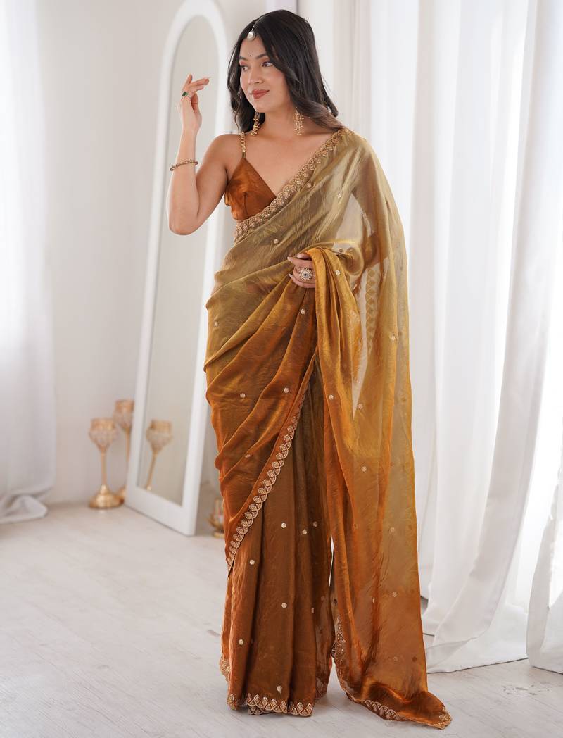 Brown color beautiful fendy satin fabric ethnic ceremonial saree