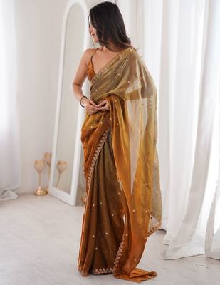 Brown color beautiful fendy satin fabric ethnic ceremonial saree 2