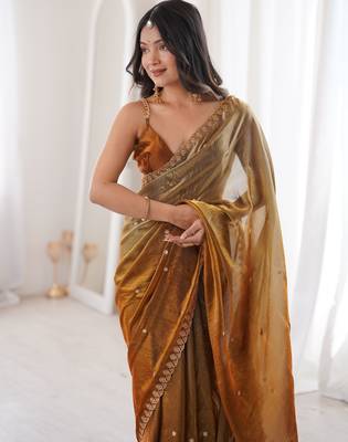 Brown color beautiful fendy satin fabric ethnic ceremonial saree 3
