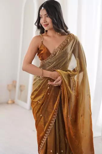 Brown color beautiful fendy satin fabric ethnic ceremonial saree