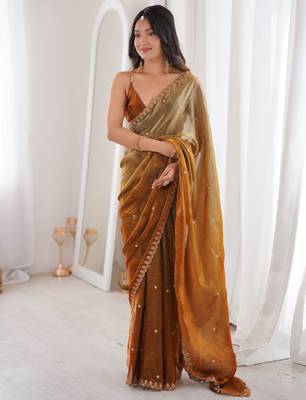 Brown color beautiful fendy satin fabric ethnic ceremonial saree 4