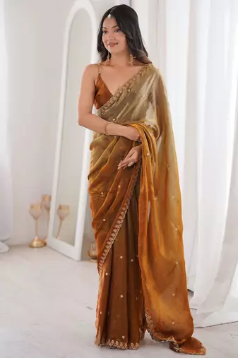 Brown color beautiful fendy satin fabric ethnic ceremonial saree
