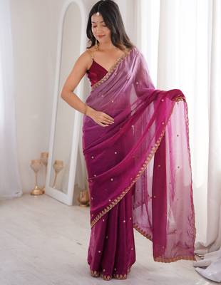 Purple color beautiful fendy satin fabric ethnic ceremonial saree 1