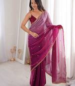 Purple color beautiful fendy satin fabric ethnic ceremonial saree