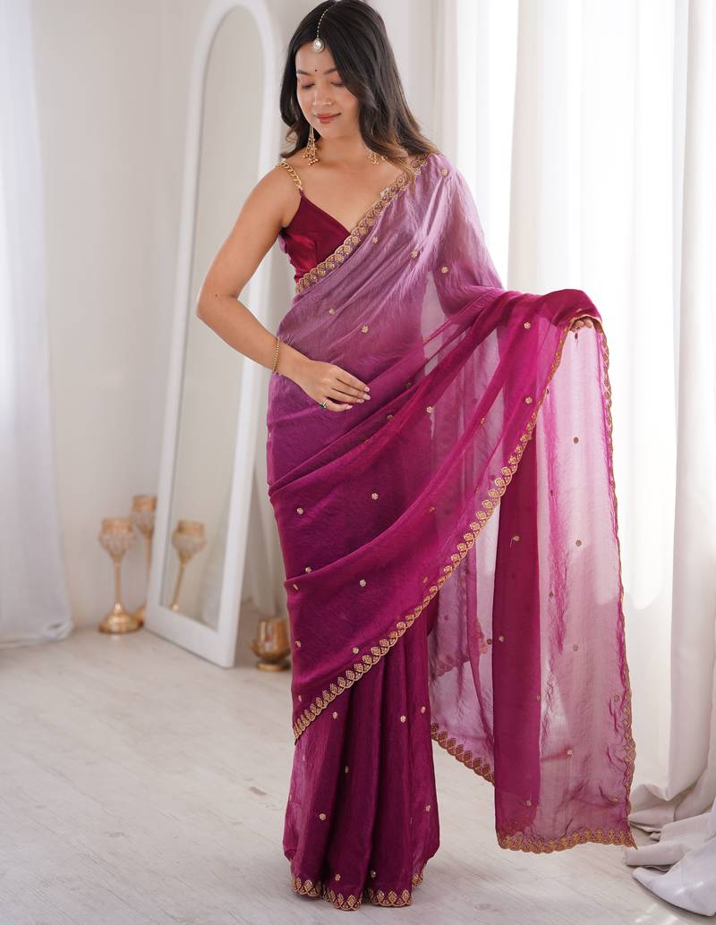 Purple color beautiful fendy satin fabric ethnic ceremonial saree