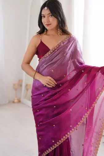 Purple color beautiful fendy satin fabric ethnic ceremonial saree