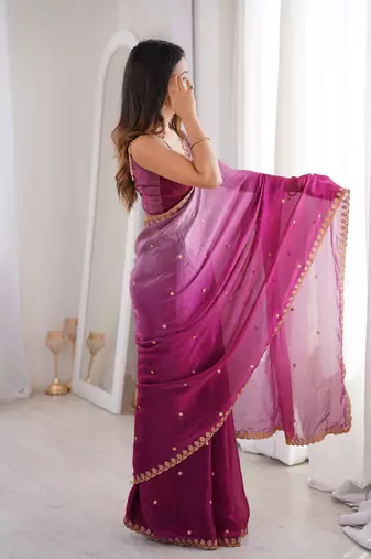Purple color beautiful fendy satin fabric ethnic ceremonial saree