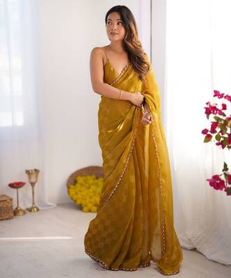 Mustard color nc chiffon chex fabric beautiful designer woven saree with cut dana lace border 1