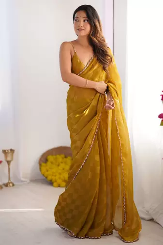 Mustard color nc chiffon chex fabric beautiful designer woven saree with cut dana lace border