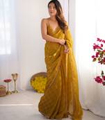 Mustard color nc chiffon chex fabric beautiful designer woven saree with cut dana lace border